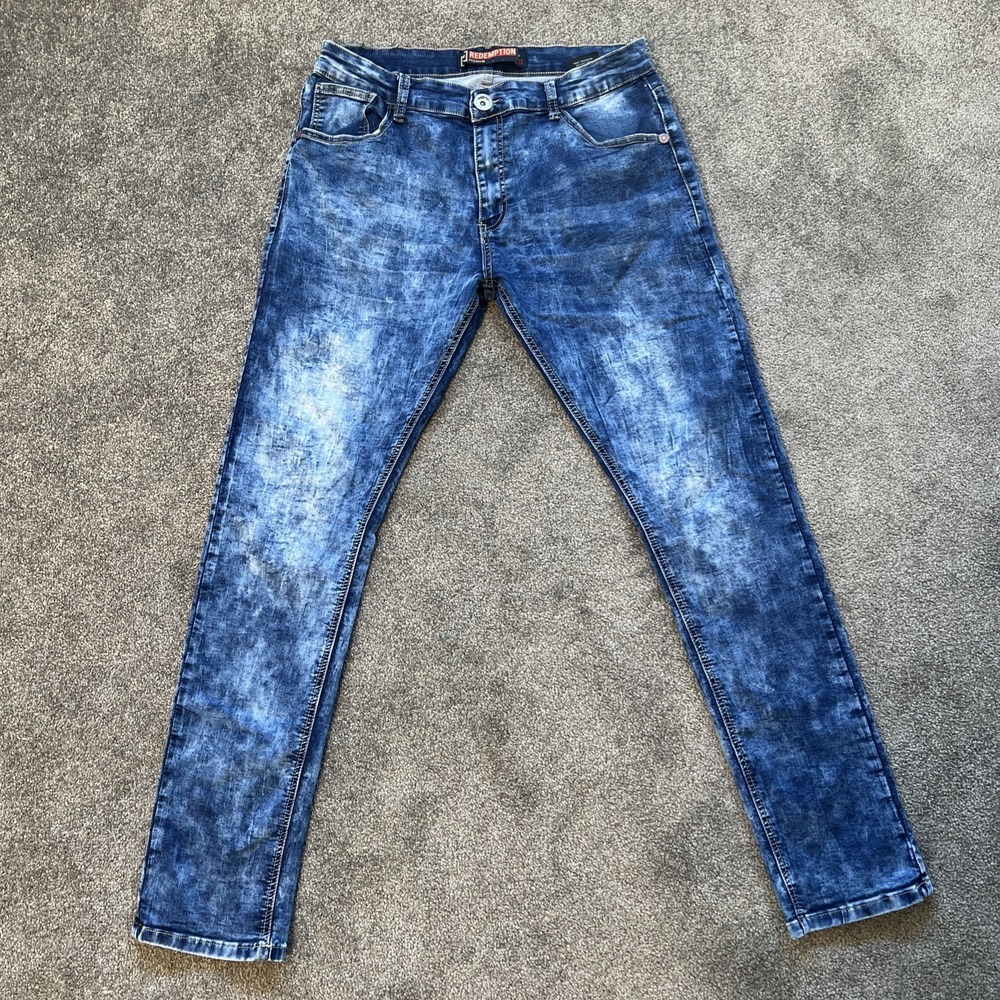 Redemption Premium Mens Faded Blue Stretch Straight Leg Jeans 36x32